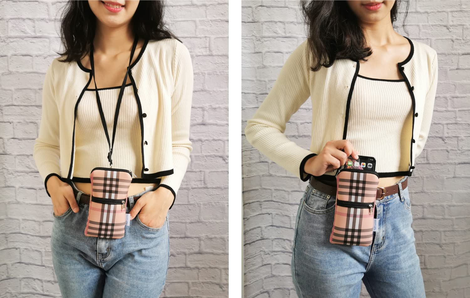 Tainada Men Women Phone Neoprene Shockproof Zippered Sleeve Case Bag Pouch with Clip Hook, Neck Lanyard, Belt Loop Holster for iPhone 16/15 Pro Max, 16/15 Plus, 16e ; Samsung S25+ (Camel Brown Plaid)