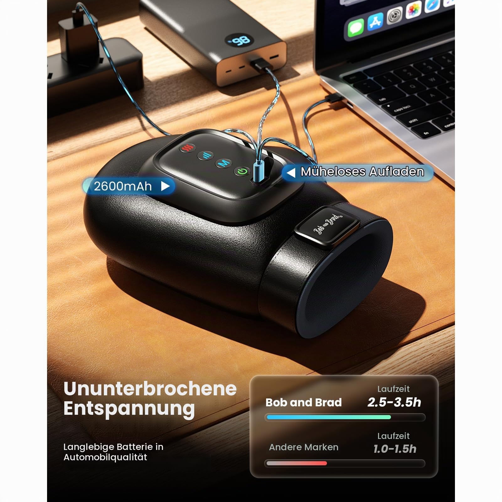 BOB AND BRAD Handmassagegerät mit Wärme & Kompression | Black HandSpa Prime für Hände & Finger, Kabellos mit Akku, 3 Modi & 5 Stufen, zur Entspannung, Geschenk für Damen & Herren