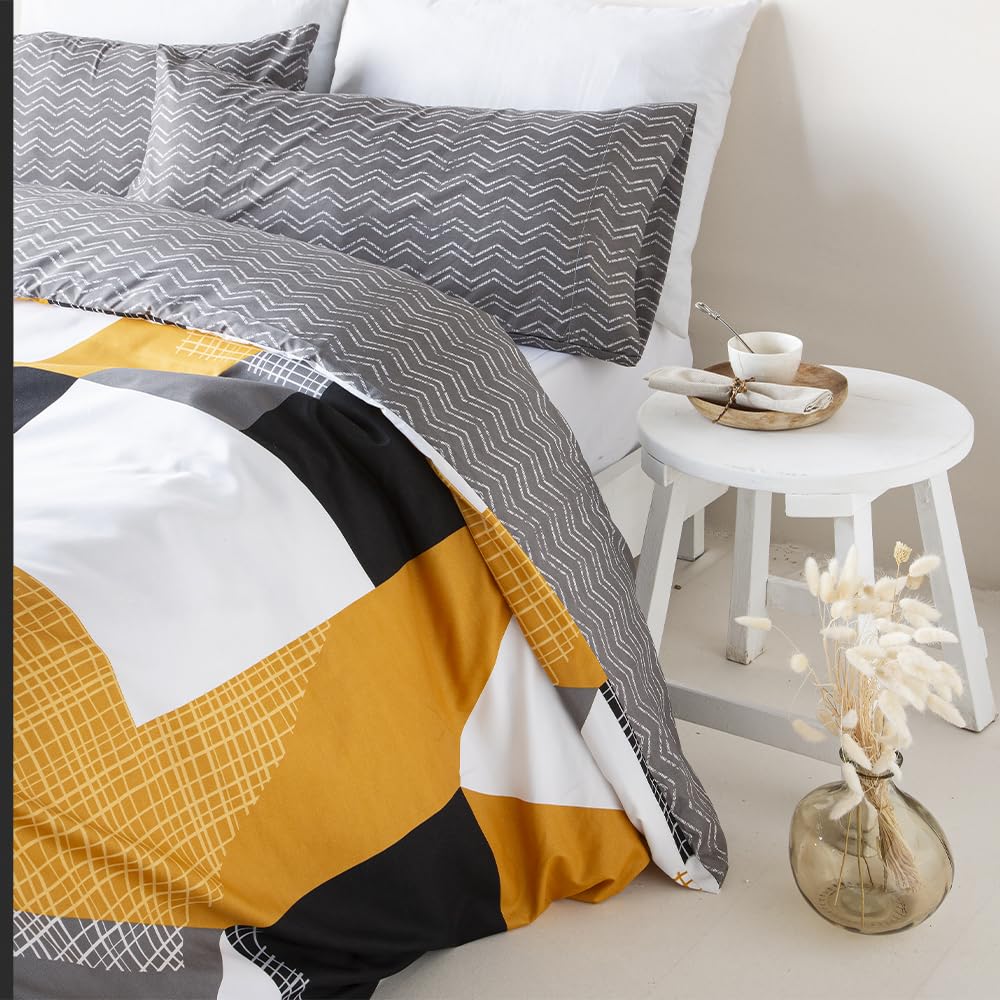 COTTON ARTean Funda Nórdica Cama 150 Reversible NALON Gris Y Mostaza Microfibra cepillada Funda edredón 240x220 + 2 fundas almohada Cierre Botones