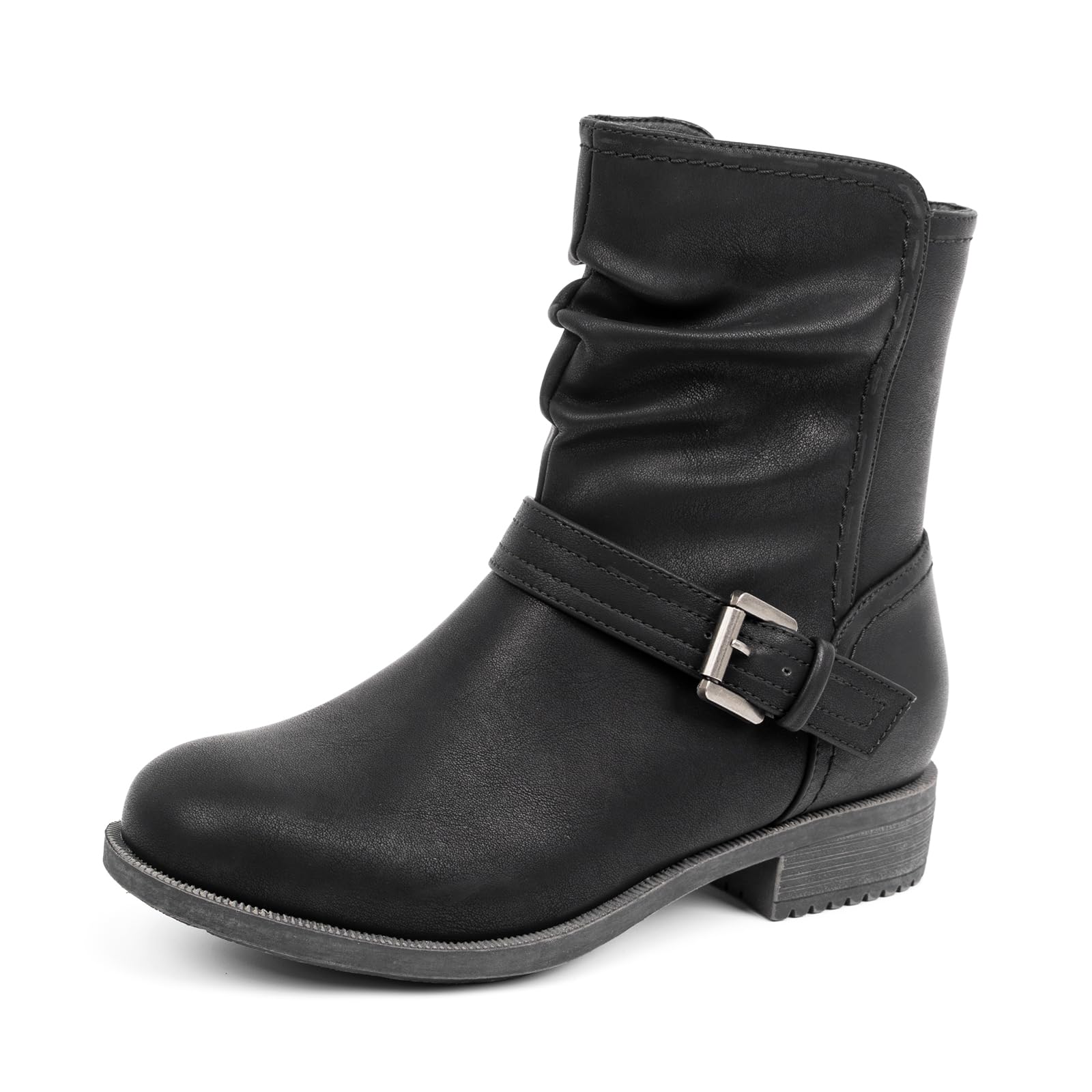 VJH confort Womens Mid Calf Boots Comfort Buckle Slouchy Booties with Side Zipper