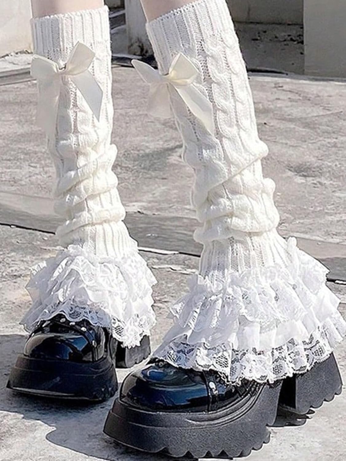 Women's 1 Pair Y2K Bow Front Lace Trim Leg Warmers Ribbed Knit Over Knee Pile Leg Warmers Long Socks - Image 5