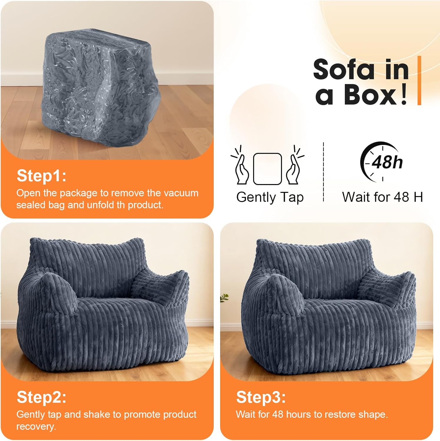 Giant Bean Bag Chair with Ottoman, Oversized Memory Foam Bean Bag Sofa for Adults and Kids, Large Comfy Fluffy Single Lounges Mini Couch for Living Room, Bedroom & Dorm(Gray)