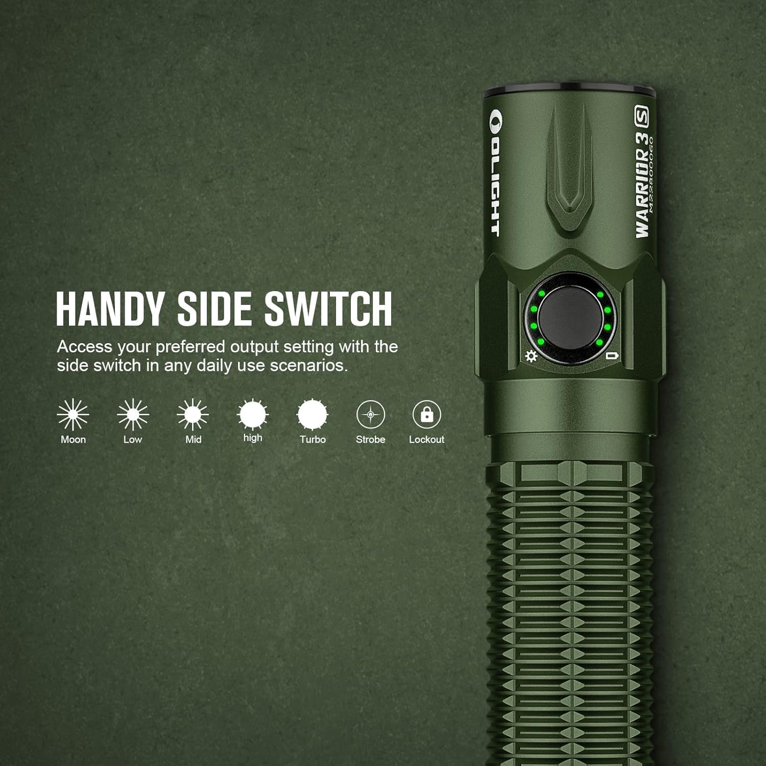 OLIGHT Warrior 3S latarka taktyczna, 2300 lumenów, mocna latarka z podwójnym przełącznikiem, ładowalna latarka z czujnikiem zbliżeniowym, na kemping i wędrówki na świeżym powietrzu, zielona OD