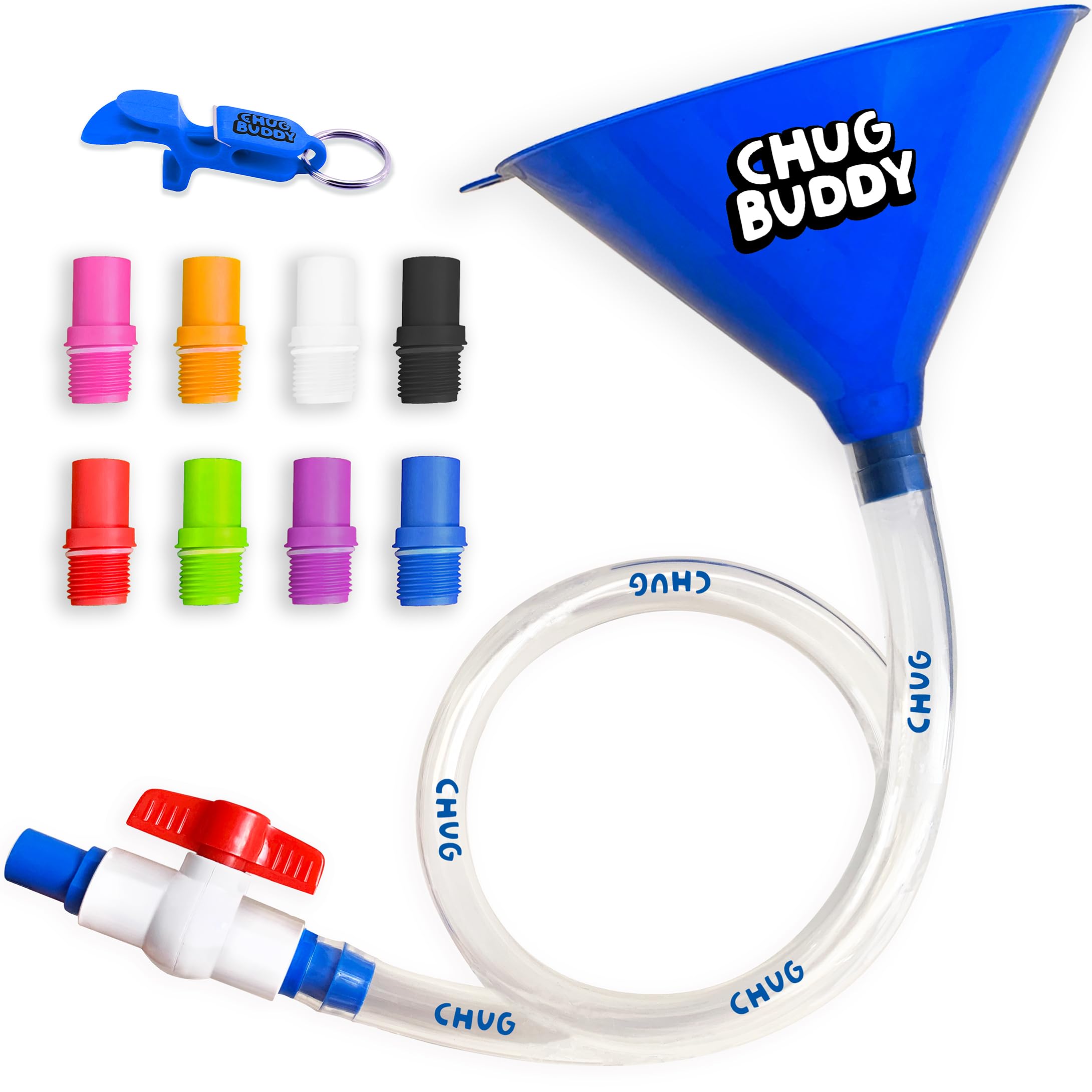 Chug Buddy Beer Bong Tube and Funnel with Valve, 8 Interchangeable Mouthpieces, Shotgun Keychain Tool - Kink-Free 3ft Hose for Beerbong, College Party, Drinking Games