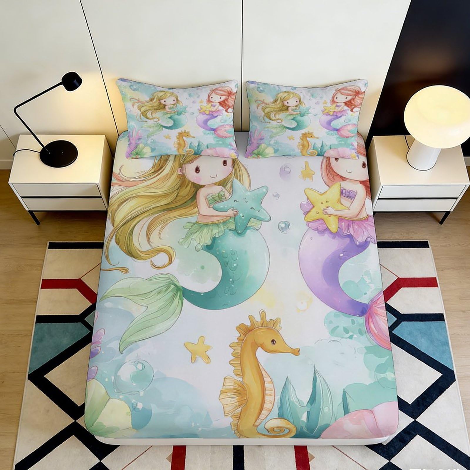 3D Printed Mermaid Ocean Fitted Sheet Microfiber Soft Pastel Seahorse Mattress Cover for Bedroom Guest Room Dorm Decor 90x200x25cm