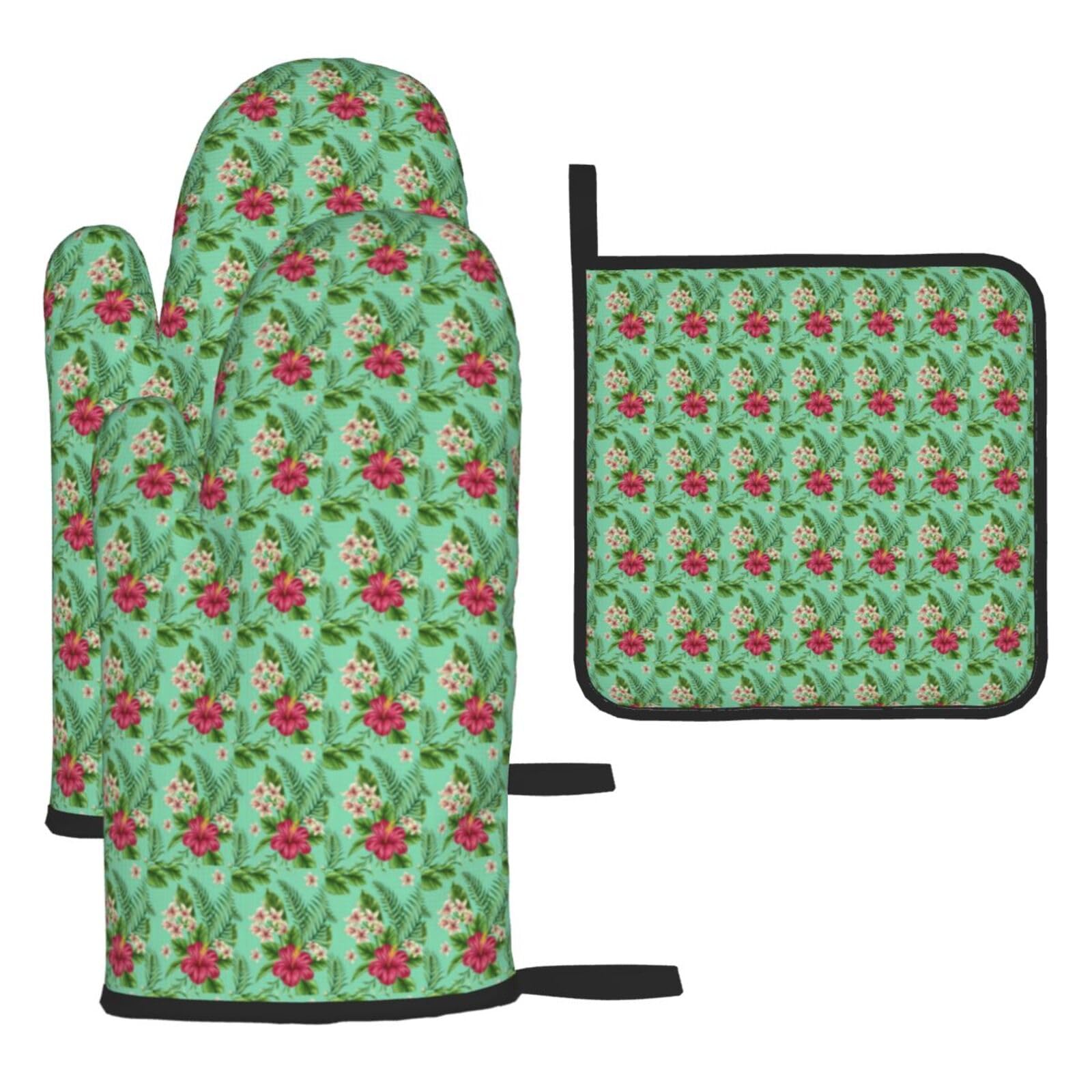 Hawaiian Tropical Leaves Flowers Print Oven Kitchen Gloves For Baking Outdoor Grilling Home Use Mitts Microwaving Bbq