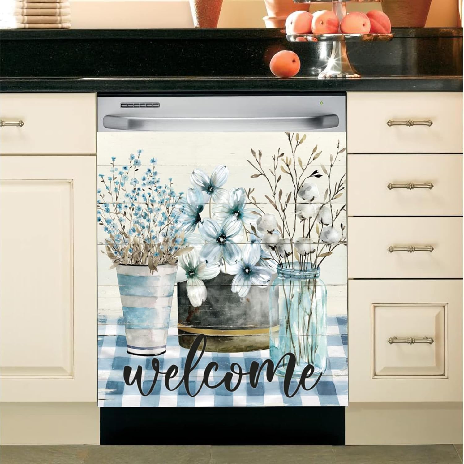 Kapok and Flower Vase,Rural Dishwasher Cover Kapok Magnet Decal,Welcome Kitchen Panel Appliances Sticker, Flower Jar and Rustic Wood,Kitchen Wallpaper Flower Decorative 23x26inch