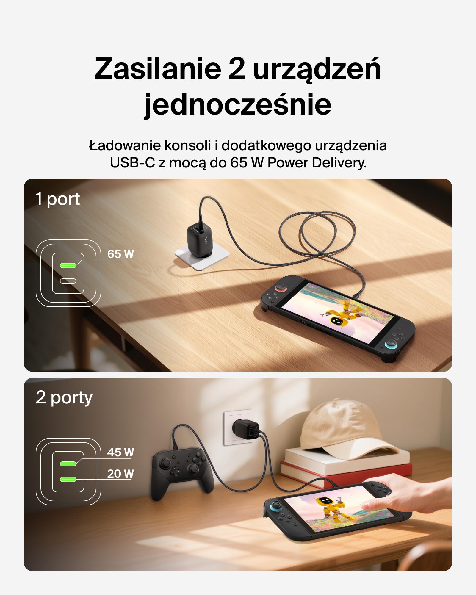 Belkin ładowarka USB-C 65 W z dwoma portami dla graczy, ładowarka USB 3.0 z GaN do szybkiego ładowania Nintendo Switch 2, iPhone 16, iPad, MacBook Air, Chromebook, Samsung Galaxy S25 Ultra – czarna
