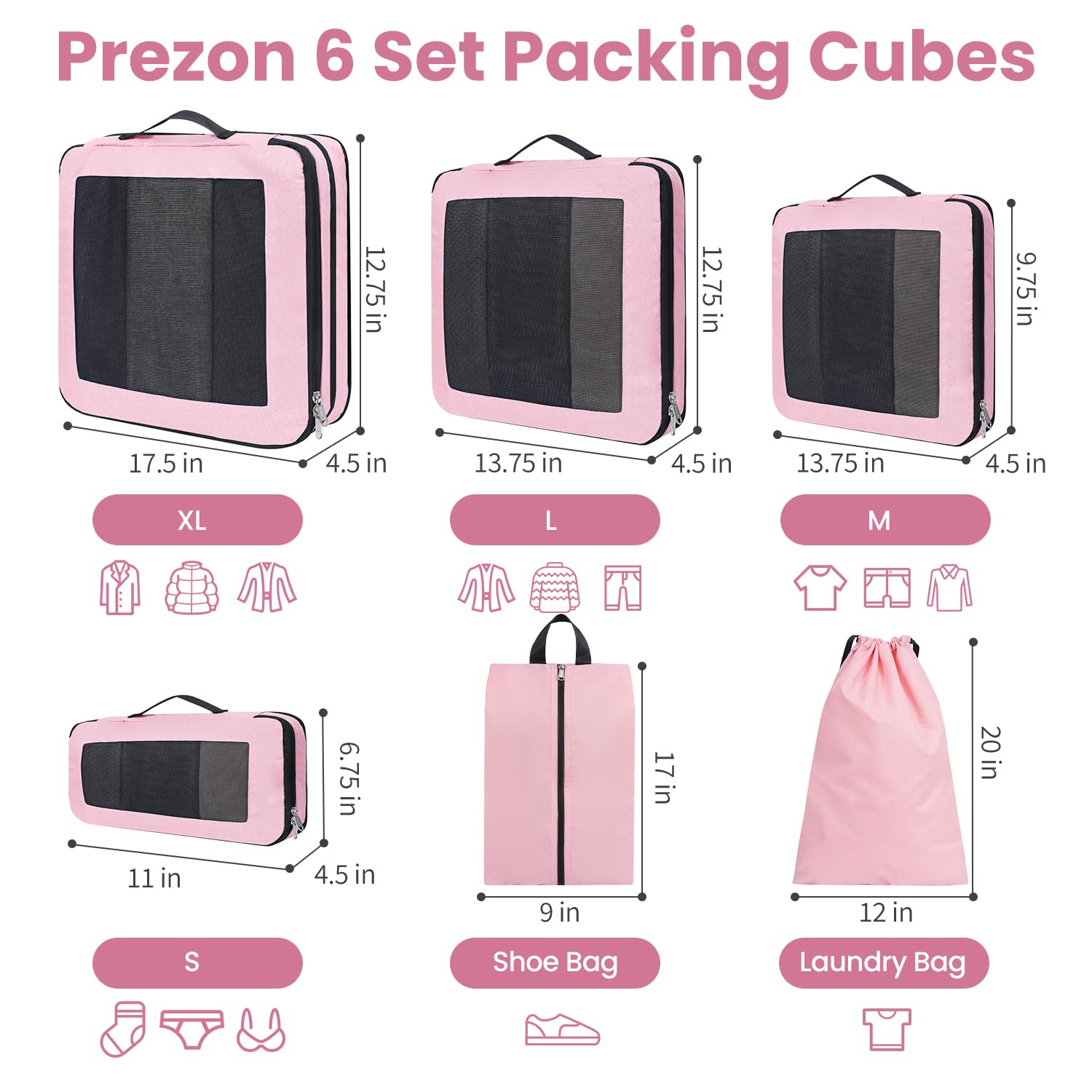 Cubi da viaggio compressibili, design apribile e visibile, set di 6 organizer espandibili con sacca biancheria e scarpe. Per bagagli a mano, vacanze, campeggio e lavoro, Rosa