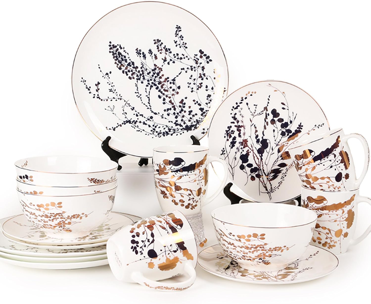 KOKEN - Plates and Bowls Sets for 4, Dinnerware Sets 16 Pc, Ceramic Dish Set, Round Dinner Set with Mugs, Dishwasher Microwave Safe, kitchen sets, Dishes set for 4 Christmas (Christmas dinner)