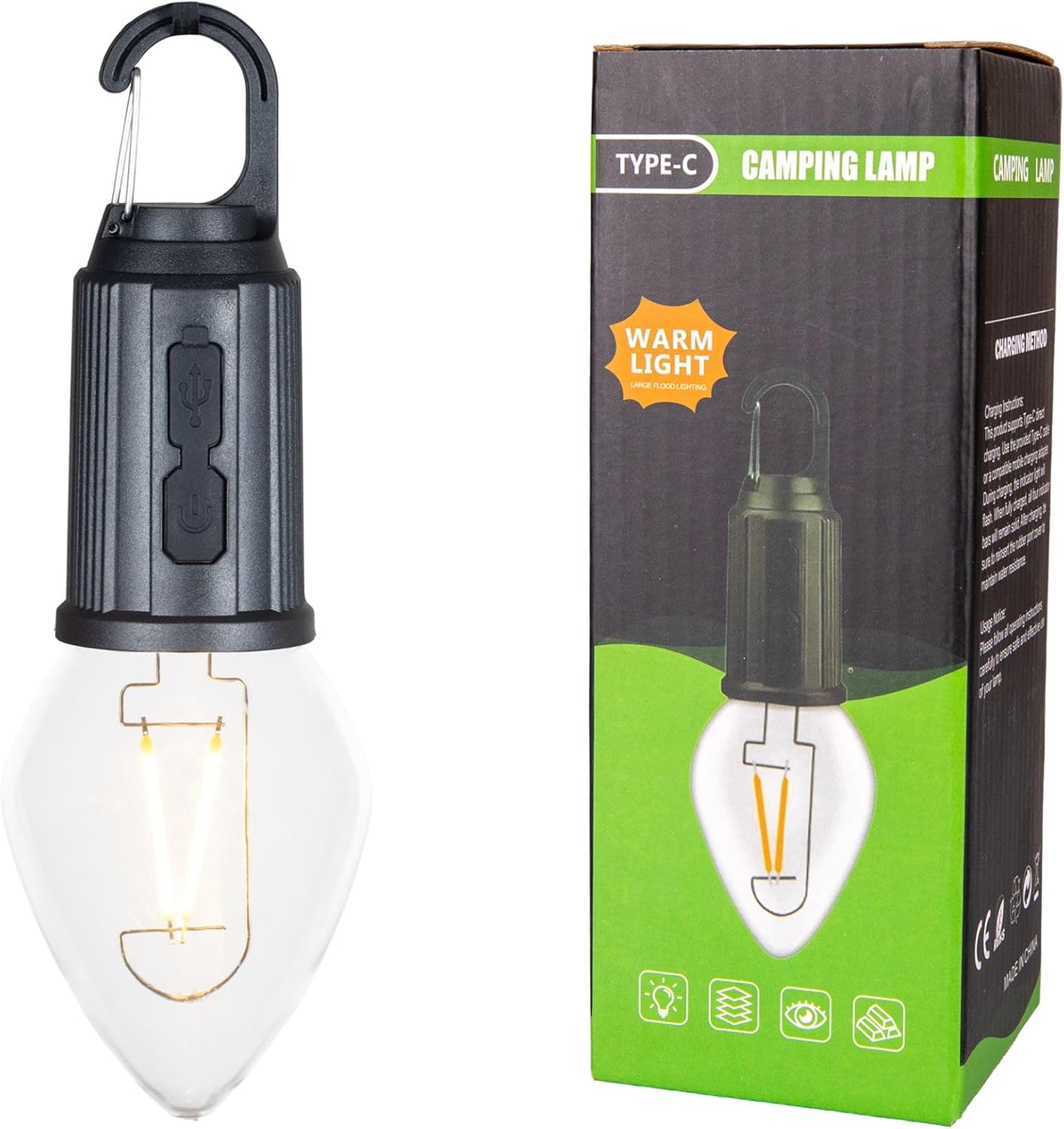 4-Pack Rechargeable Camp Light, Warm White LED Teardrop Bulb, Battery Powered with USB-C, Shatterproof Globe on Carabiner, 3 Brightness Levels