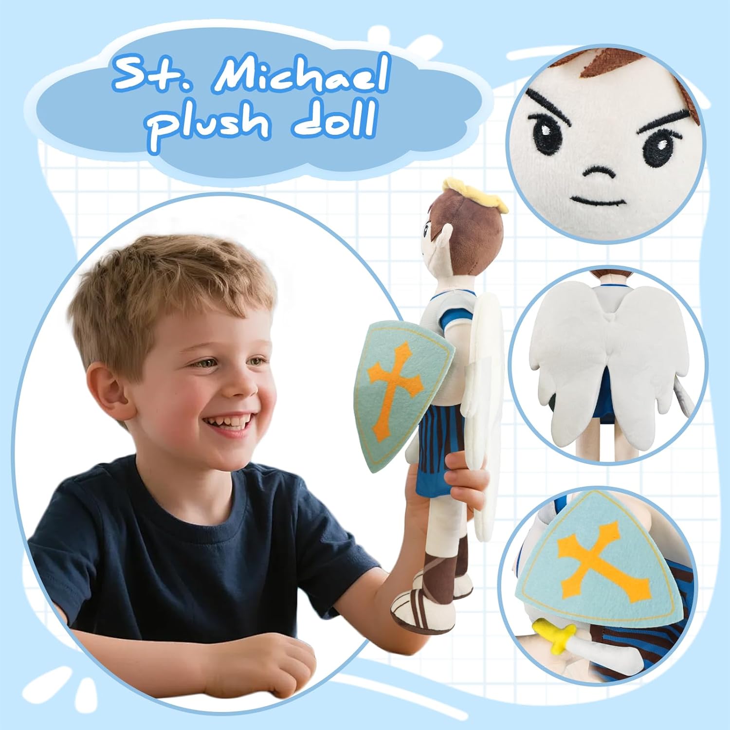 Saint Michael Guardian Angel Plush Doll with Wings, Religious Prayer Figure, Christmas Easter Decoration Gift for Boys Girls (st Michael)
