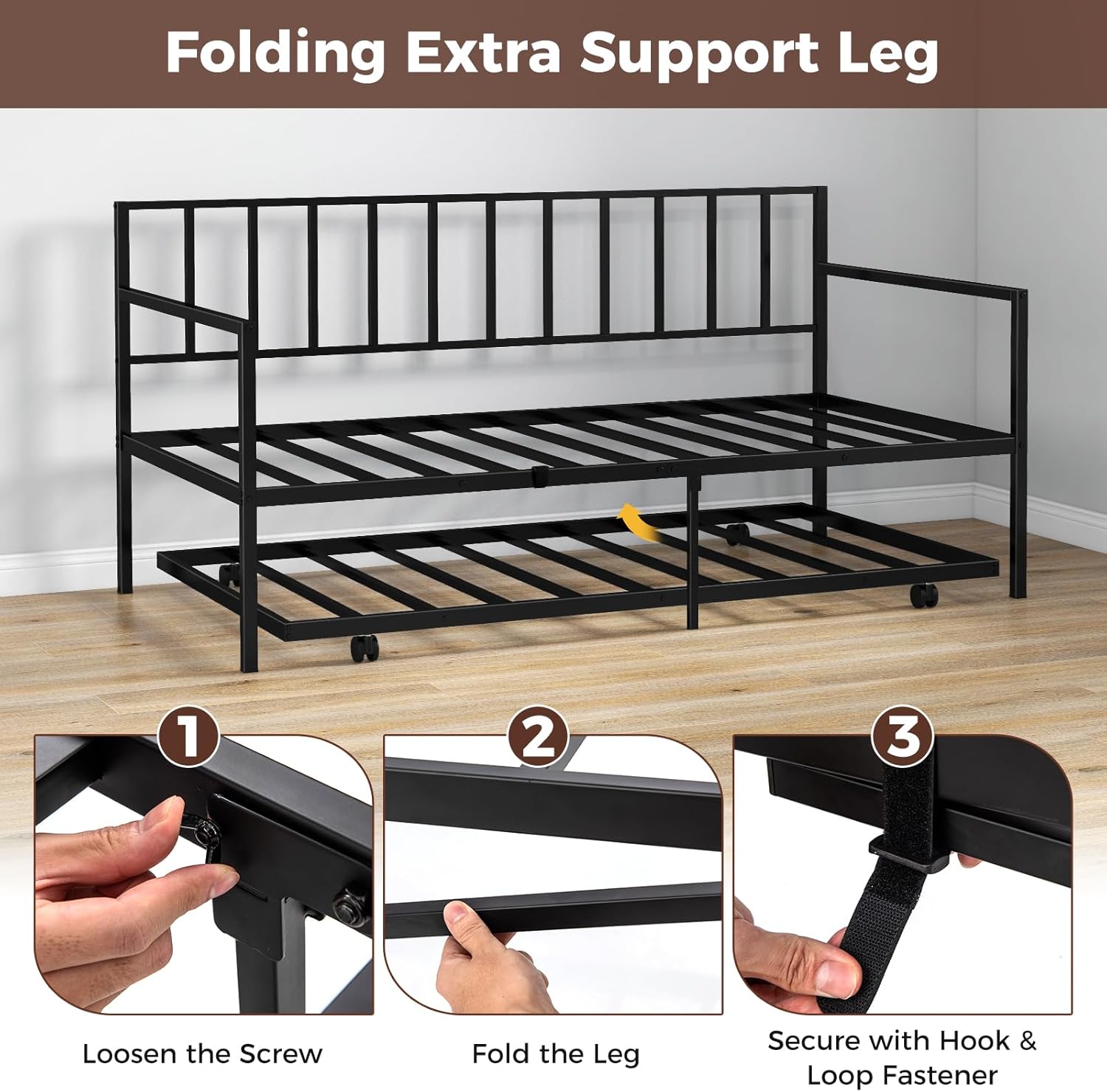 Daybed with Trundle, Metal Twin Bed Frame & Roll Out Trundle with Heavy Duty Slat Support, 4 Lockable Casters, Space-Saving Sofa Bed Frame for Living Room, Bedroom, Guest Room