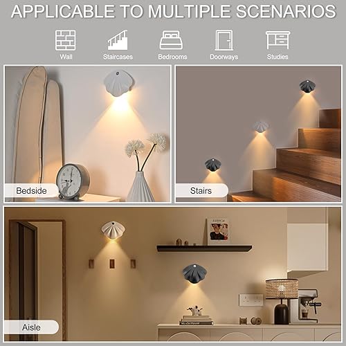 Miniatura 3 de Dijjaqim Luces nocturnas con sensor de movimiento de concha. Juego de dos apliques de pared que funcionan con baterías. Lámparas montadas en la