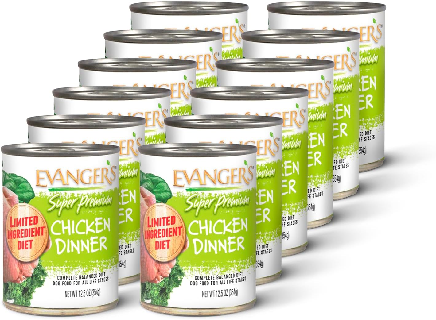 Evanger's Super Chicken Dinner for Dogs – 12 Count, 12.5 oz Each – Limited Ingredient Diet, Grain & Gluten Free, With Spinach & Kale – Balanced Wet Dog Food