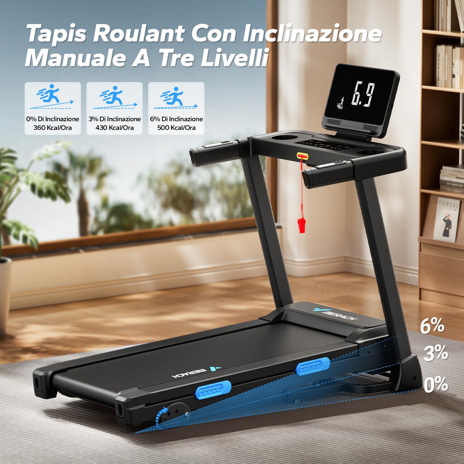 Tapis Roulant Elettrico, MERACH 2.5HP Tapis Roulant Pieghevolel, 6% Tapis Roulant Rlettrico Inclinabile, 0.8-12km/H Tapis Roulant Salvaspazio per Casa e Ufficio, Tapis Roulant Sotto Scrivania