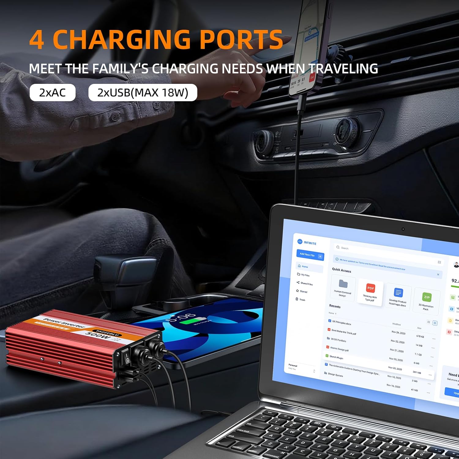 TAGEEBLU 500W Power Inverter DC 12V to 110V/120V AC Car Inverter with 2 x 3.0A USB Ports and Dual AC Outlet, Equipped with 1 Cigarette Lighter and 2 Battery Clamps for Road Trip and Camping 500W-R