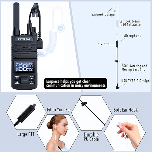 Miniatura 4 de KETELESE T1 FRS Walkie Talkie Set para adultos, radio bidireccional de largo alcance, con auricular de radio familiar Walkie-Talkie, NOAA, VOX,
