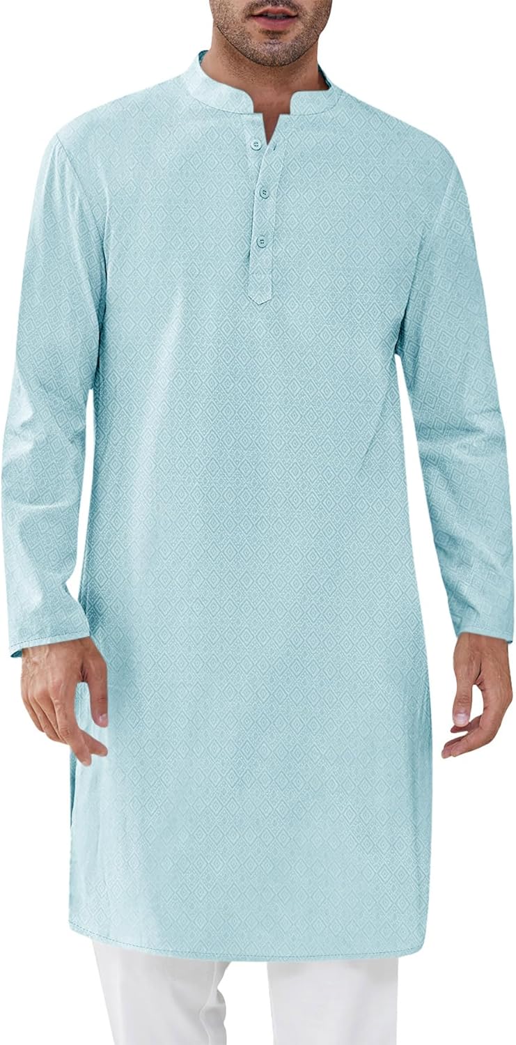 Runcati Mens Kaftan Thobe Textured Henley Shirt Long Sleeve Robe Casual Muslim Gown Shirt