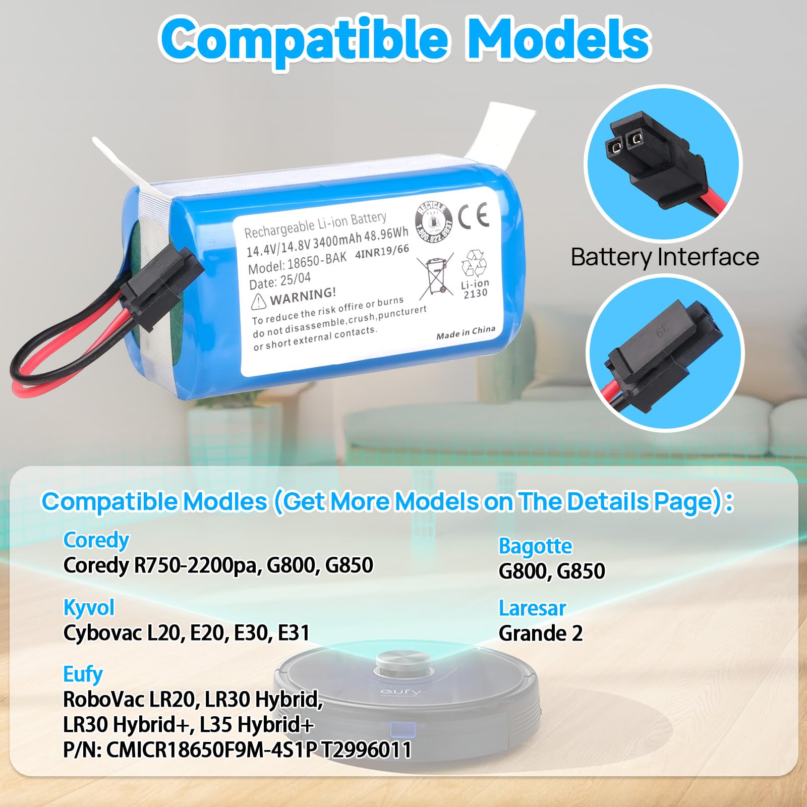 3000mAh Replacement Battery For Kyvol Cybovac E20, E30, E31 Robot Vacuum Cleaners