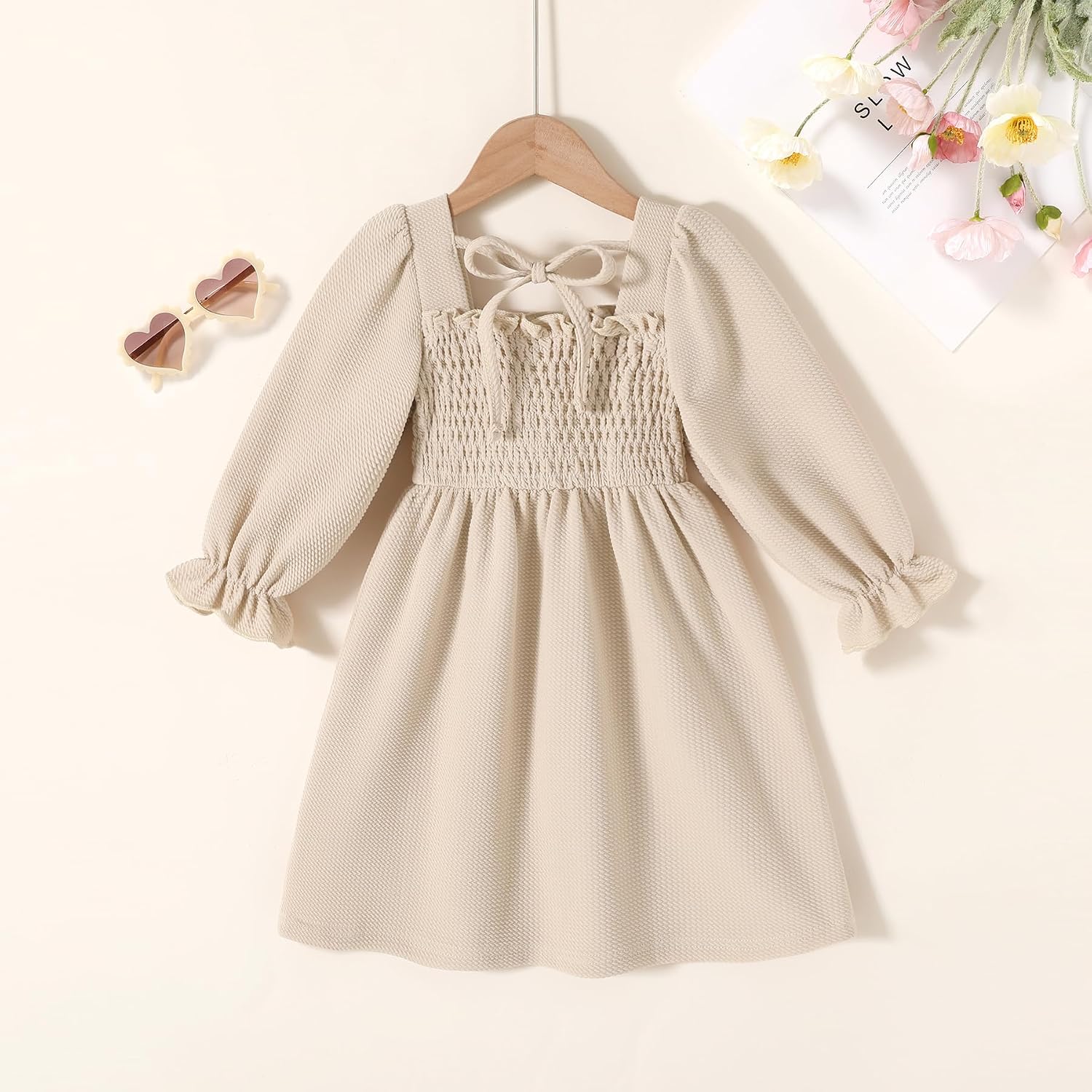 Happy Town Toddler Girl Dress Long Sleeve Play Wear Dress Baby Solid Color Casual Fall Winter Clothes