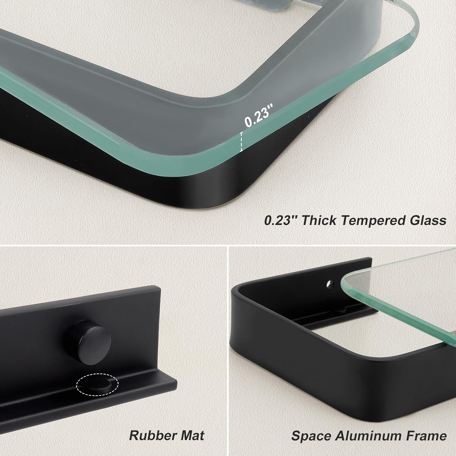 Uquelic 12 Inch Glass Bathroom Shelves, 2pcs Modern Floating Shelf, Matte Black Aluminum Frame, Clear Tempered Glass, Wall-Mounted Bathroom Shelf