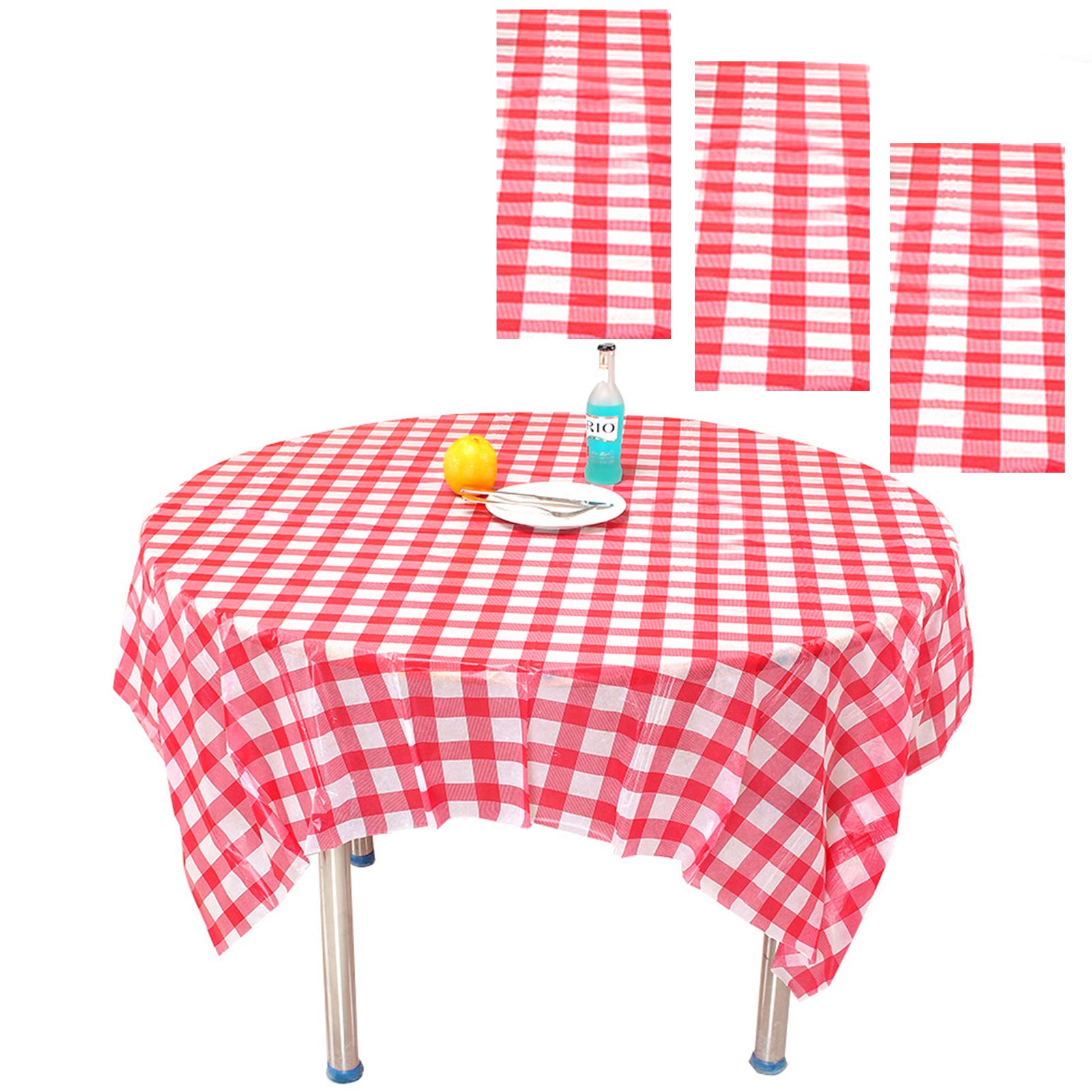 3 Pack Round Plastic Checkered Tablecloth Disposable Round Tablecloths 78'' for Round Rectangle Table for BBQ Picnic Party
