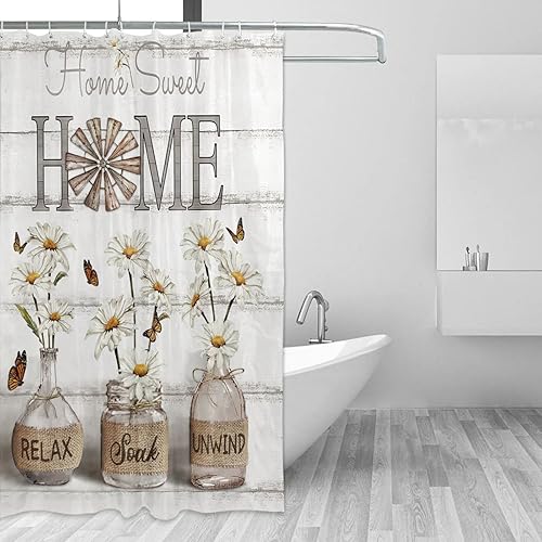 Miniatura 3 de Tijuboni Cortina de ducha de margaritas de granja con flores blancas para decoración de baño con flores neutrales, cortina de ducha rústica, tela de