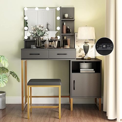 Miniatura 1 de Fameill Escritorio de tocador de maquillaje con espejo iluminado y estación de carga mesa de tocador blanca con cajón 10 luces LED tocador para