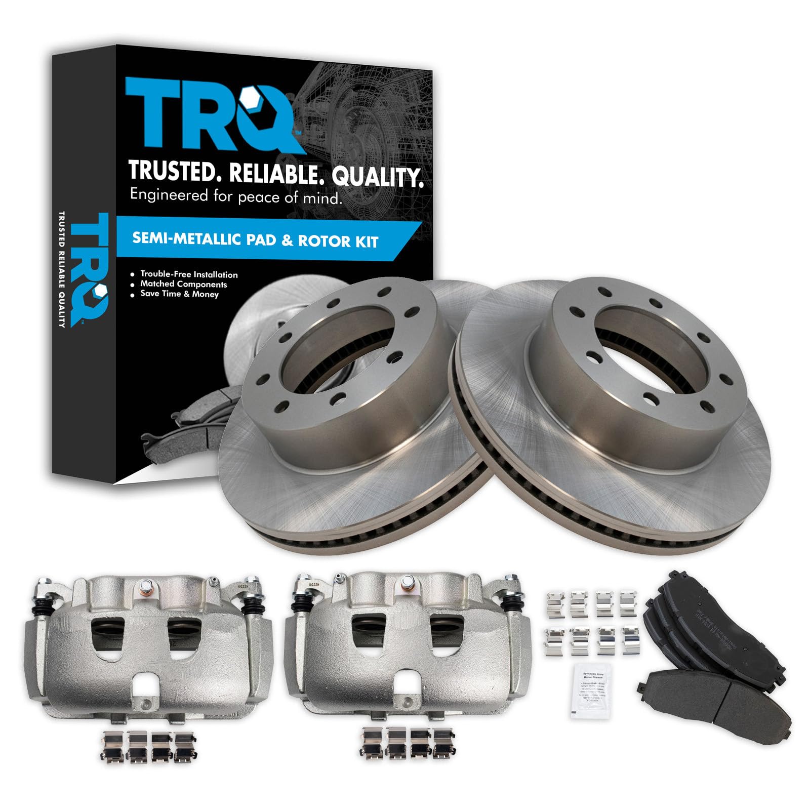 TRQ Front Brake Pad & Rotor Kit Brake Caliper Brake Pads Brake Rotor Semi-Metallic Vented Compatible with 2013-2019 Ford F-250 Super Duty F-350 Super