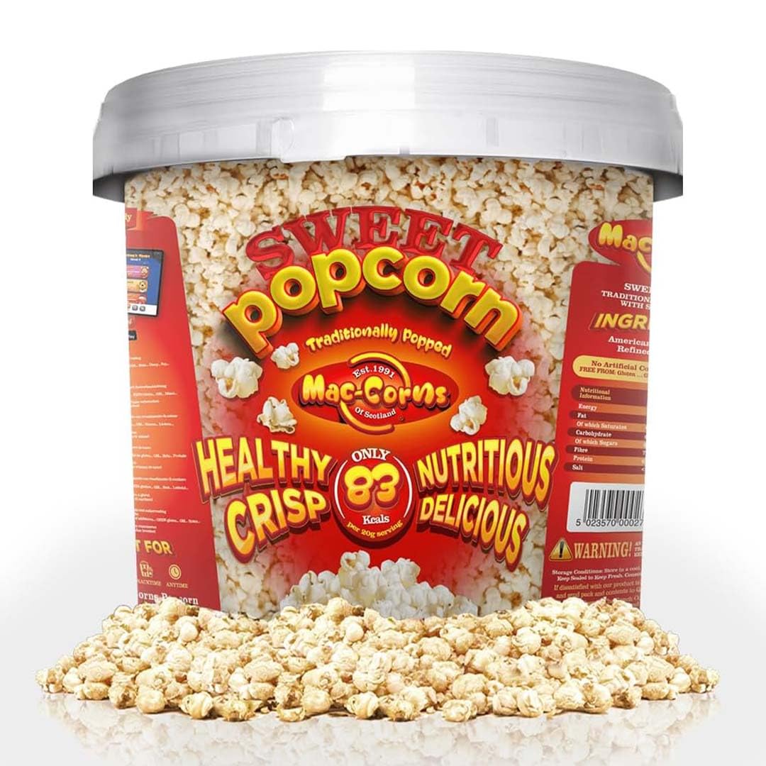 MacCorns Sweet Popcorn Sharing Bucket | 10ltr Reusable Bucket with Handle | Sweet Popcorn | Crispy & Delicious Ideal For Parties, Events & Movie Nights | Allergen Free !