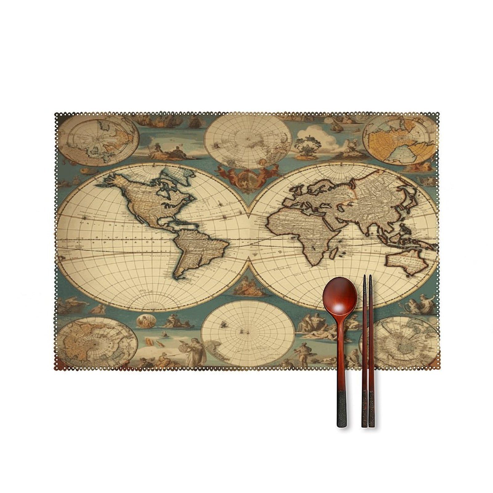 World Map Retro Placemats Set of 4 Heat Resistant Non-Slip Place Mats for Dining Table Washable Placemat Wipeable Dining Table Mat Canvas Place Mats Dining Table Decor