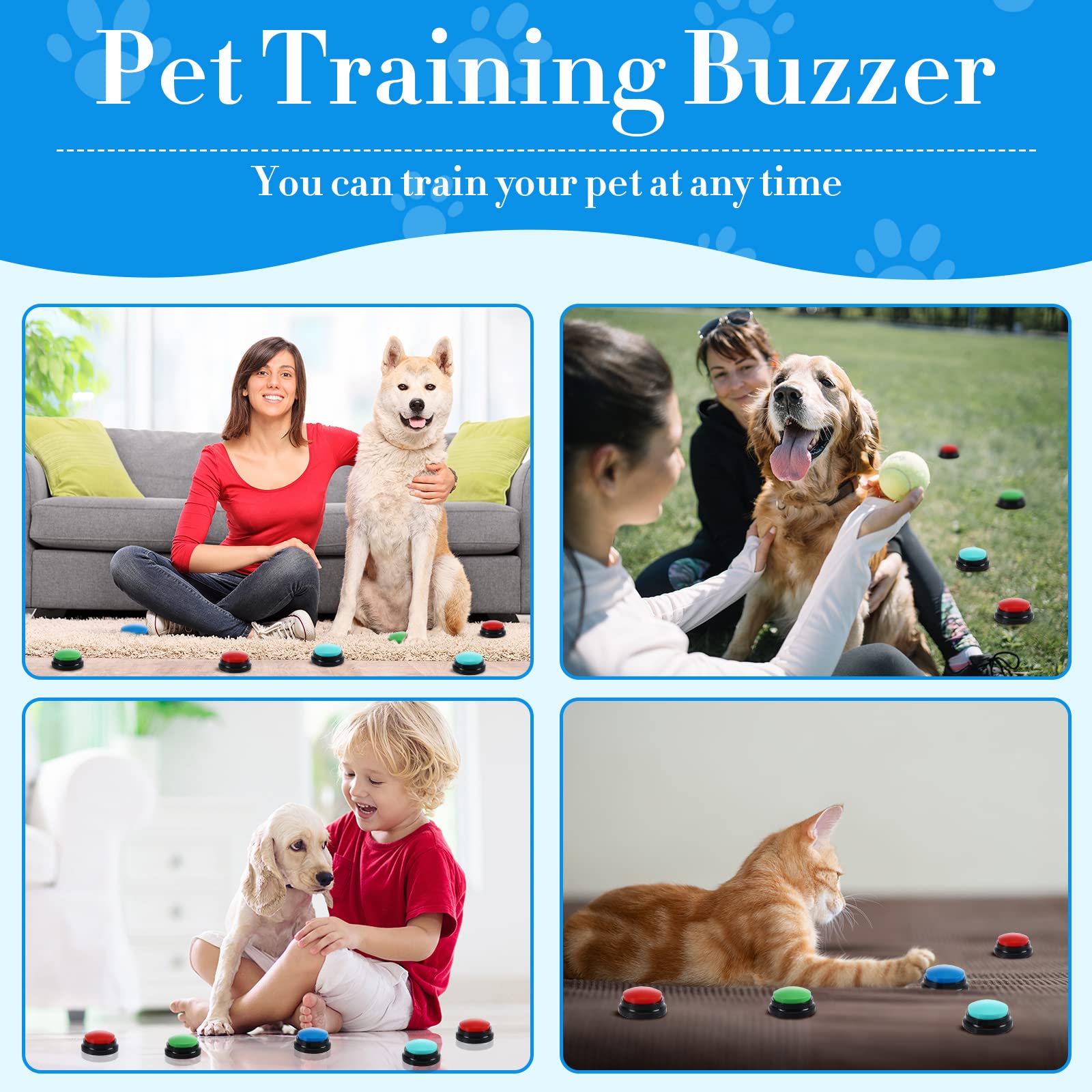 Jerify 16 botones de perro para comunicación, 8 colores, 30 segundos grabables de respuesta, zumbadores de voz grabables, juegos de botones de conversación para perros para entrenamiento de mascotas