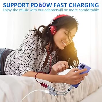 USB C Splitter 1 in 2 Out,Hi-Fi Audio Adapter,Dual USB C Headphone and Charger Adapter Support Call PD 60W Charge, Compatible with i-phone15 Series/Pixel 2XL/3XL/Galaxy S22 S21Note 20