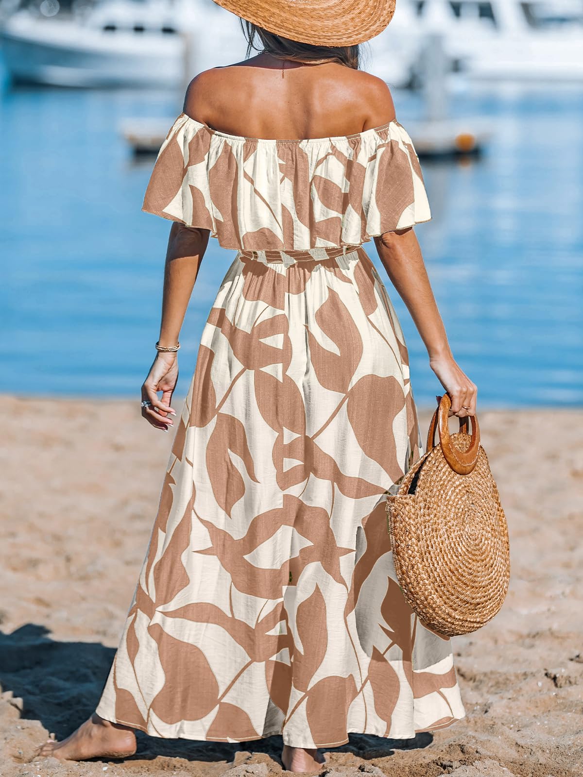 CUPSHE Abito per Donna Estate A Forma Abiti con Spalle Scoperte Maxi Lunghezza Ruffle Aderente Vita Stampato Tropicale