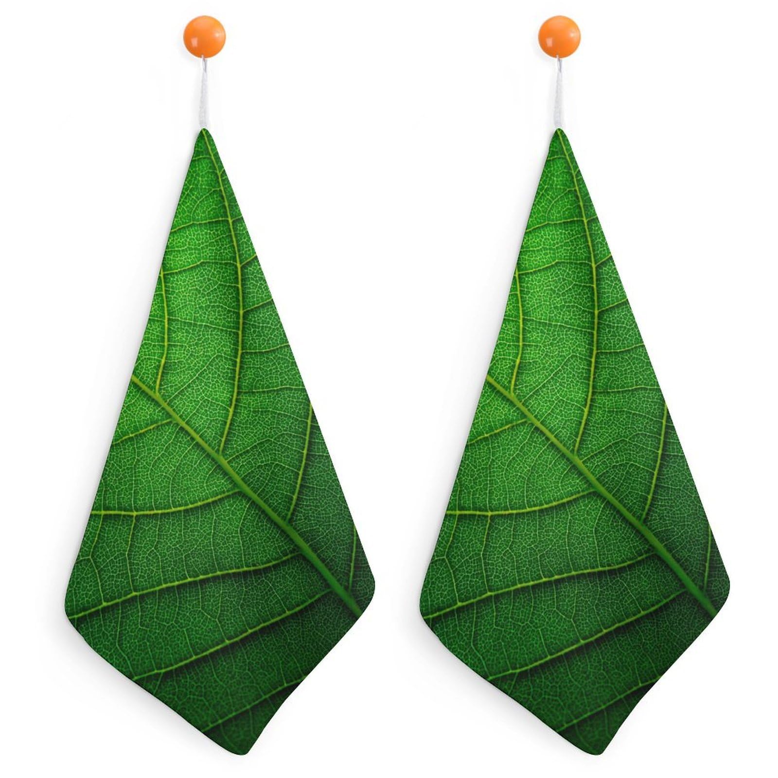 Jubonexis Green Leaf Texture Small Hand Towel with Hanging Loop 2 PCS Absorbent Soft Wash Cloth for Kitchen Bathroom