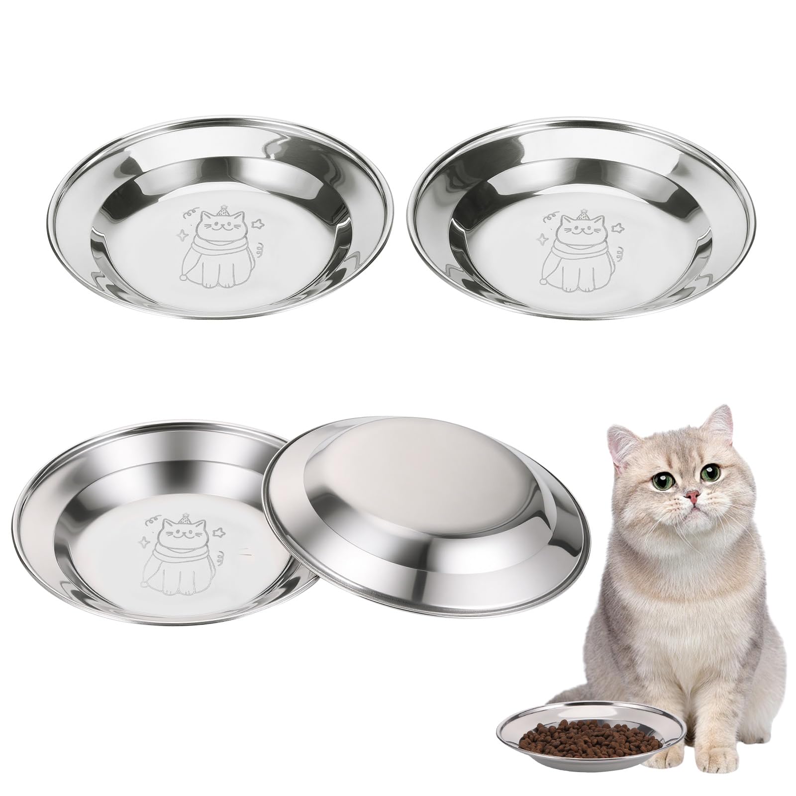 TranRantic Stainless Steel Cat Bowl Shallow,4 Pcs Whisker Friendly Cat Food Bowl, 16cm Shallow Wide Kitten Bowls for Food and Water, Metal Cat Plates for Puppy, Small Dogs,Rabbits(Scarf Cat Pattern)