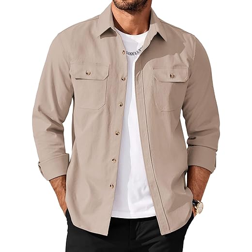 COOFANDY Jaqueta masculina de manga comprida com botões e bolsos de aba
