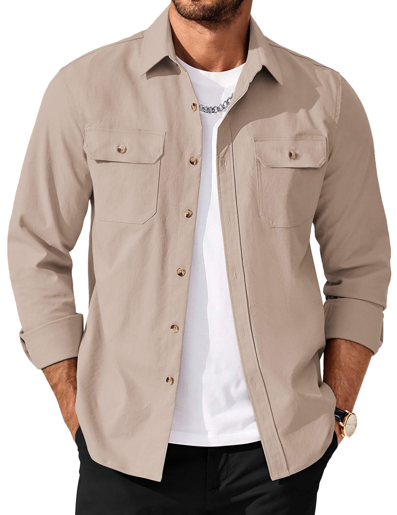 COOFANDY Men's Long Sleeve Button Up Shirt Jacket with Flap Pockets