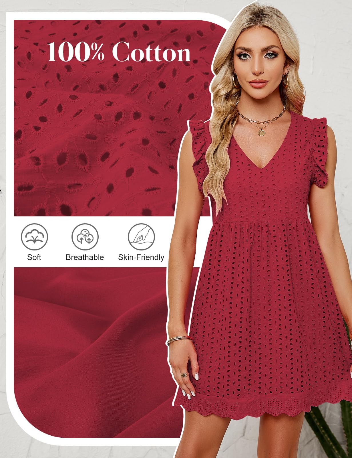 heekpek Vestidos Verano Mujer Sin Mangas con Volantes Algodón Cuello V Mini Vestido Sueltos Hueco de Flores Jacquard Cómodo Casual Vestidos de Playa con Bolsillos
