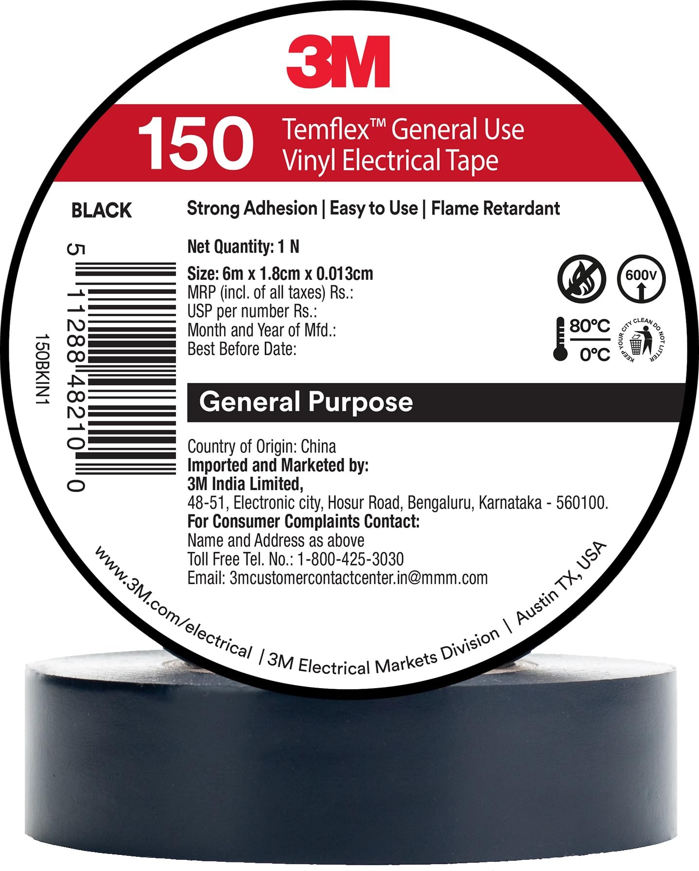 3M Temflex 150 Vinyl Electrical Tape, For Residential and Commercial, Use in General wire harness taping, bundling wires, cables and wire pulling and fishing (18mm X 6M, 10 Rolls/Pack, Black)