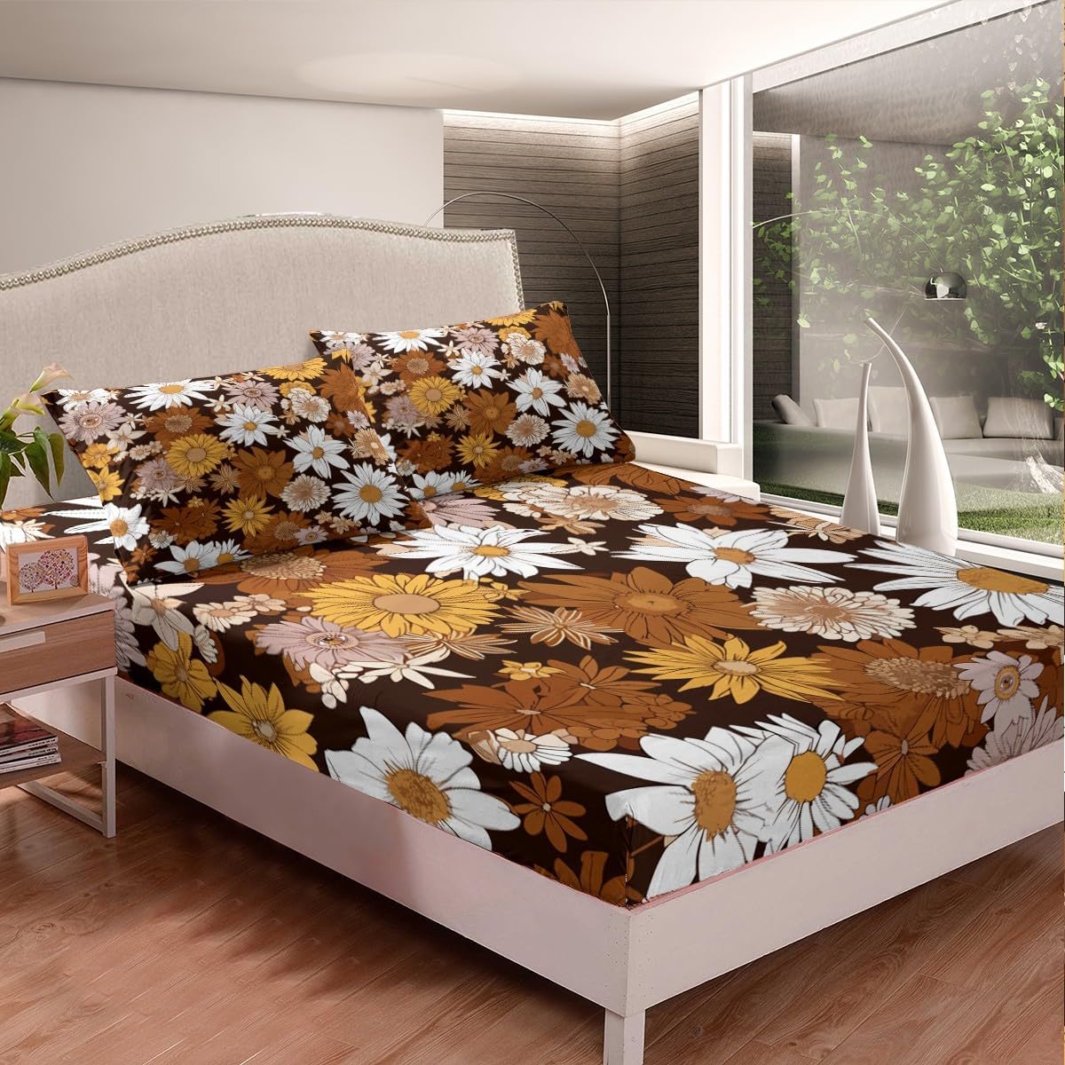 Bohemian Fall Floral Bedding Set King Retro Groovy Flower Power Sheet Set Boho Eyes Hippie Bed Sheets For Teen Girls Adults Women Sunflower Daisy Fitted Sheet Vintage Flat Sheet 2 Pillow Cases