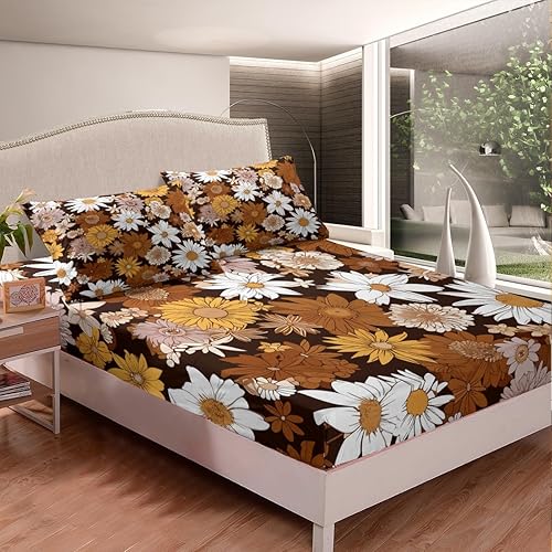 Miniatura 2 de Juego de ropa de cama floral de otoño bohemio, tamaño Queen, retro, Groovy Flower, juego de sábanas con ojos bohemios, hippie, para adolescentes,
