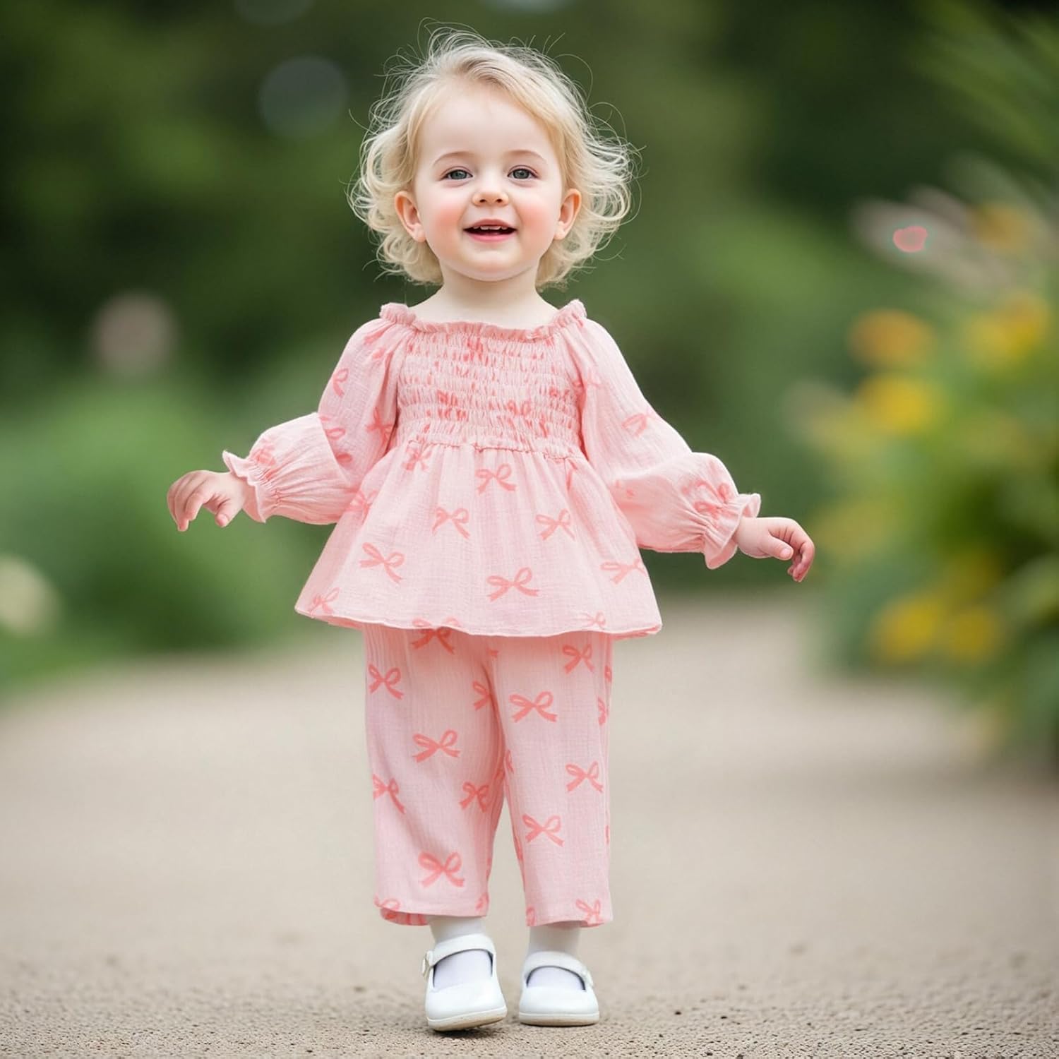 Baby Girl Cotton Linen Clothes Bow Flower Print Ruffle Long Sleeve Smocked Shirt Top Wide Leg Pants 2Pcs Fall Clothes - Image 4