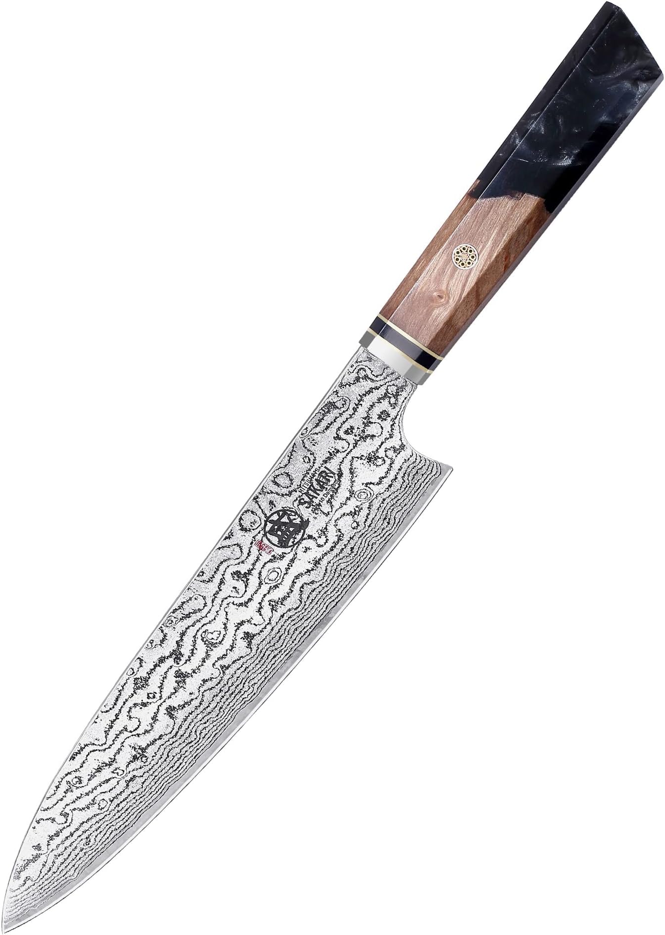 MITSUMOTO SAKARI Professional Japanese Chef Knife, 8 inch Hand Forged Kitchen Gyuto Knife, AUS-10 Premium Damascus Cooking Knife (Shadowwood Pomegranate Handle & Sandalwood Box)