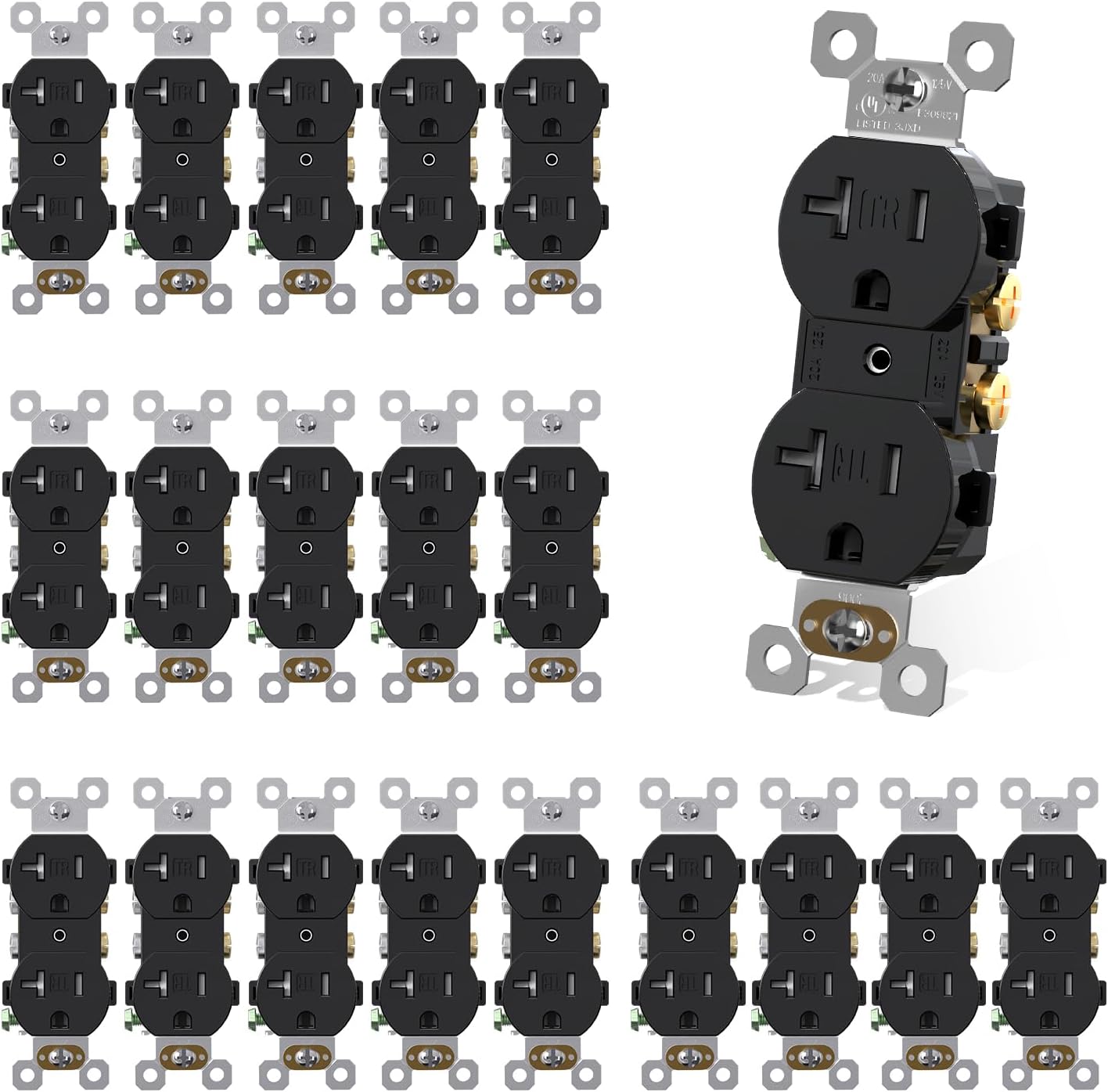 AIDA Duplex Electrical Receptacle Outlets, 20Amp 125V Wall Outlet, Residential, TR, 3-Wire, Self-Grounding, UL Listed, Push & Side Wire, Black (20 Pack)