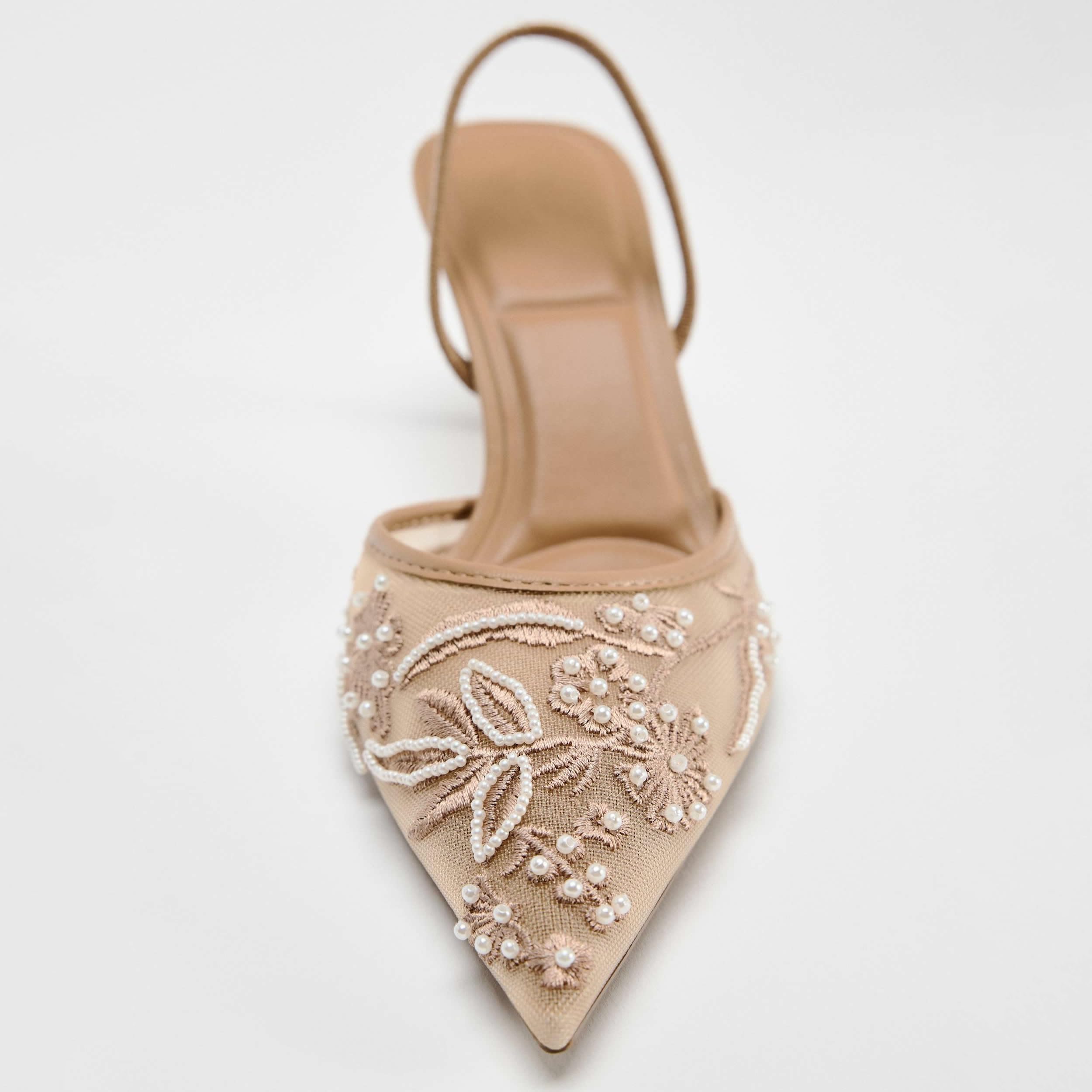 Zapatos de tacón de Aguja con Tira Trasera y Lazo para Mujer, Tacones de Gatito con Cuentas Bordadas de Malla y Punta Puntiaguda, Zapatos de Fiesta Nupcial para Boda,1 Beige,37 EU