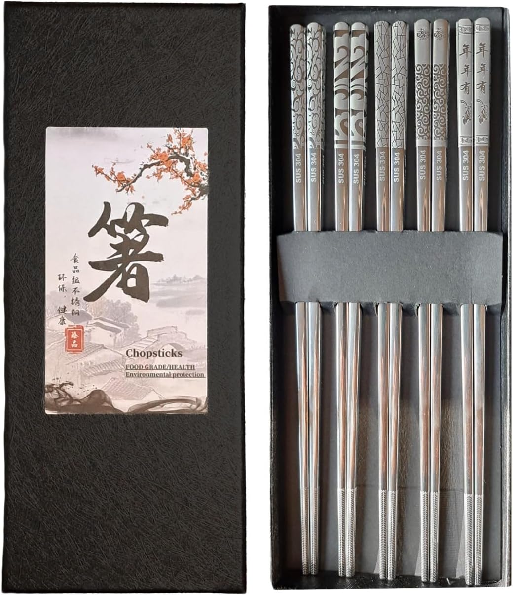 Metal Chopsticks Reusable Titanium Plated, Stainless Steel Chopsticks, 5 Pairs Reusable Metal Chinese Chopsticks, Dishwasher Safe, Lightweight Square Design, Silver Japanese Chopsticks, Gift Box Set