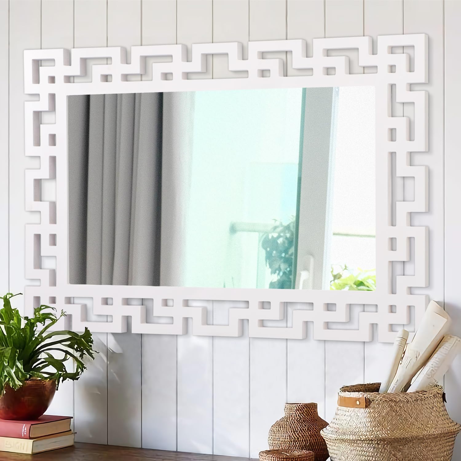 AAZZKANG Decorative Mirrors for Wall Large 65x45cm Modern Rectangular Wood Framed Mirror Art Decor for Bedroom Living Room Bathroom Hallway Entryway Hanging White