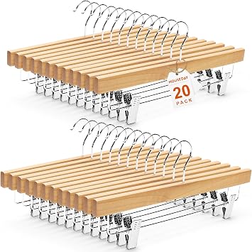 HOUSE DAY Wooden Pants Hangers with Clips, 20 Pack Skirt Hangers, Natural | 14-Inch Wood Hangers with Adjustable Non-Slip Metal Clips & 360 Swivel Hooks, Heavy Duty for Jeans, Slacks, Trousers, Shorts